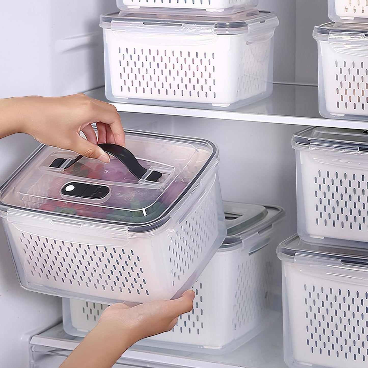 5 Pack Large Fruit Storage Containers for Fridge with vent holes and handle，Airtight Food Storage Containers Keep Fruits, Vegetables, Berry, Meat Fresh longer,BPA-free Fridge Storage Container