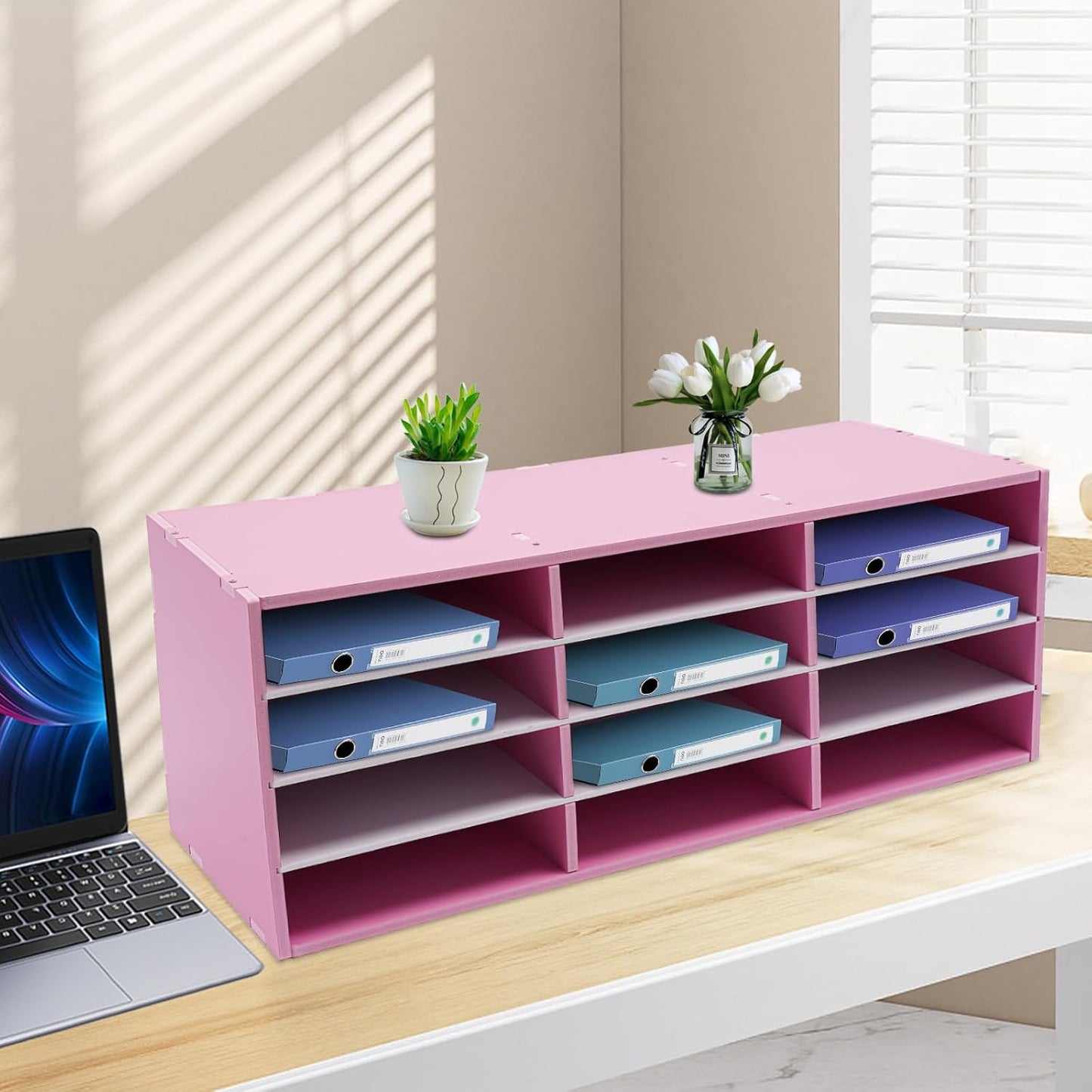 Mail Sorter Organizer, 12 Compartments Mailbox for Classroom, Desktop File Organizer with Adjustable Shelves, for Office Home Classroom, PVC, Pink