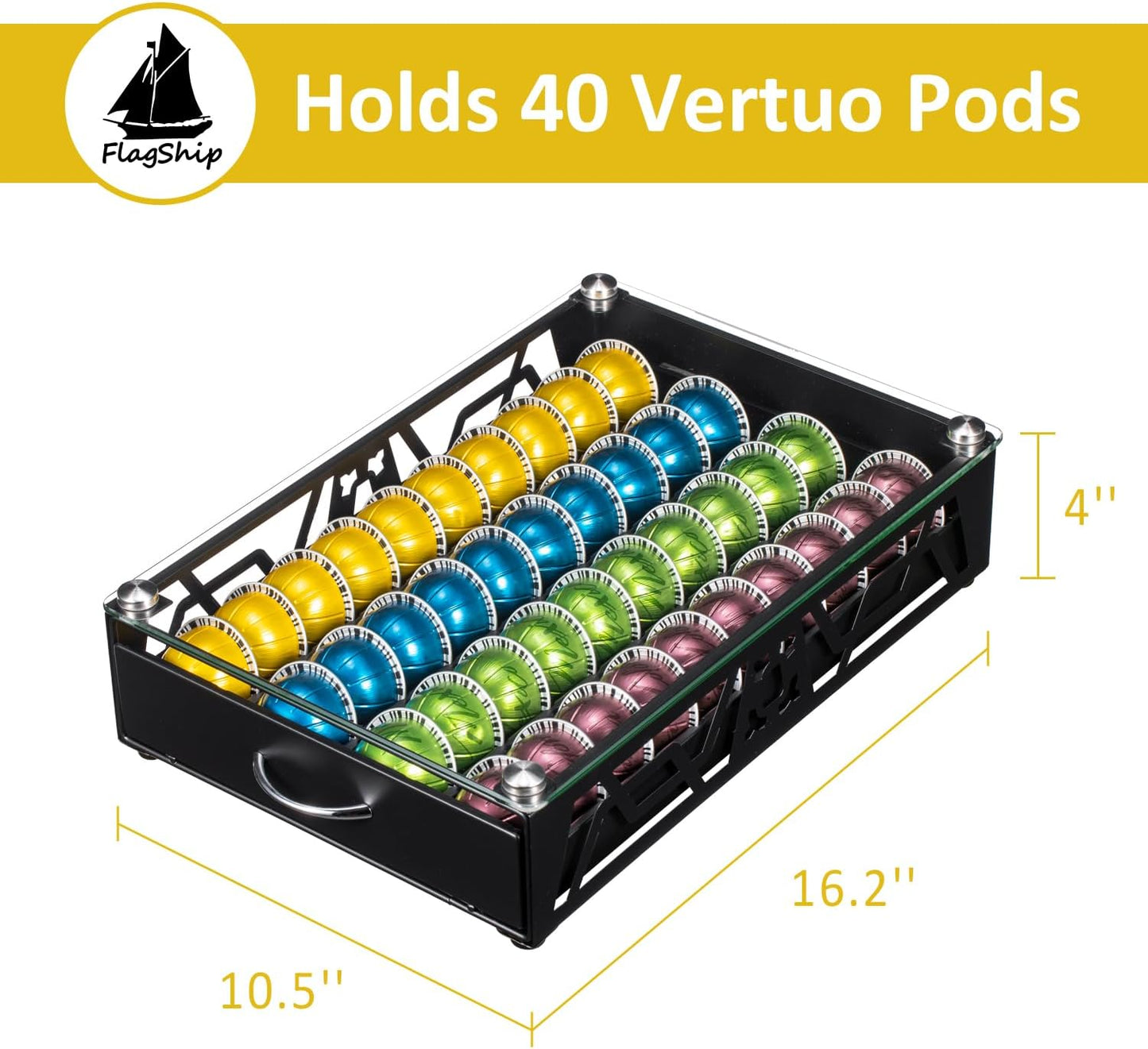 FlagShip Vertuo Pod Holder- Modern Glass Top Coffee Capsule Organizer & Space-Saving Pod Storage for Coffee Machines, Generous 40 Vertuo Pods Capacity