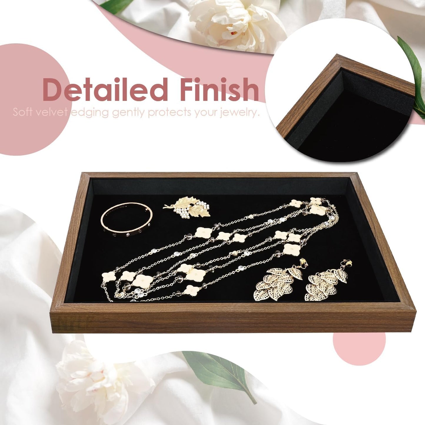 MOOCA 2 Pcs Wooden Jewelry Display Tray, Presentation Tray, Organizer for Rings, Necklaces, Earrings, and Accessories, Walnut Color with Black Suede, 14" W x 9.6" D x 1.2" H