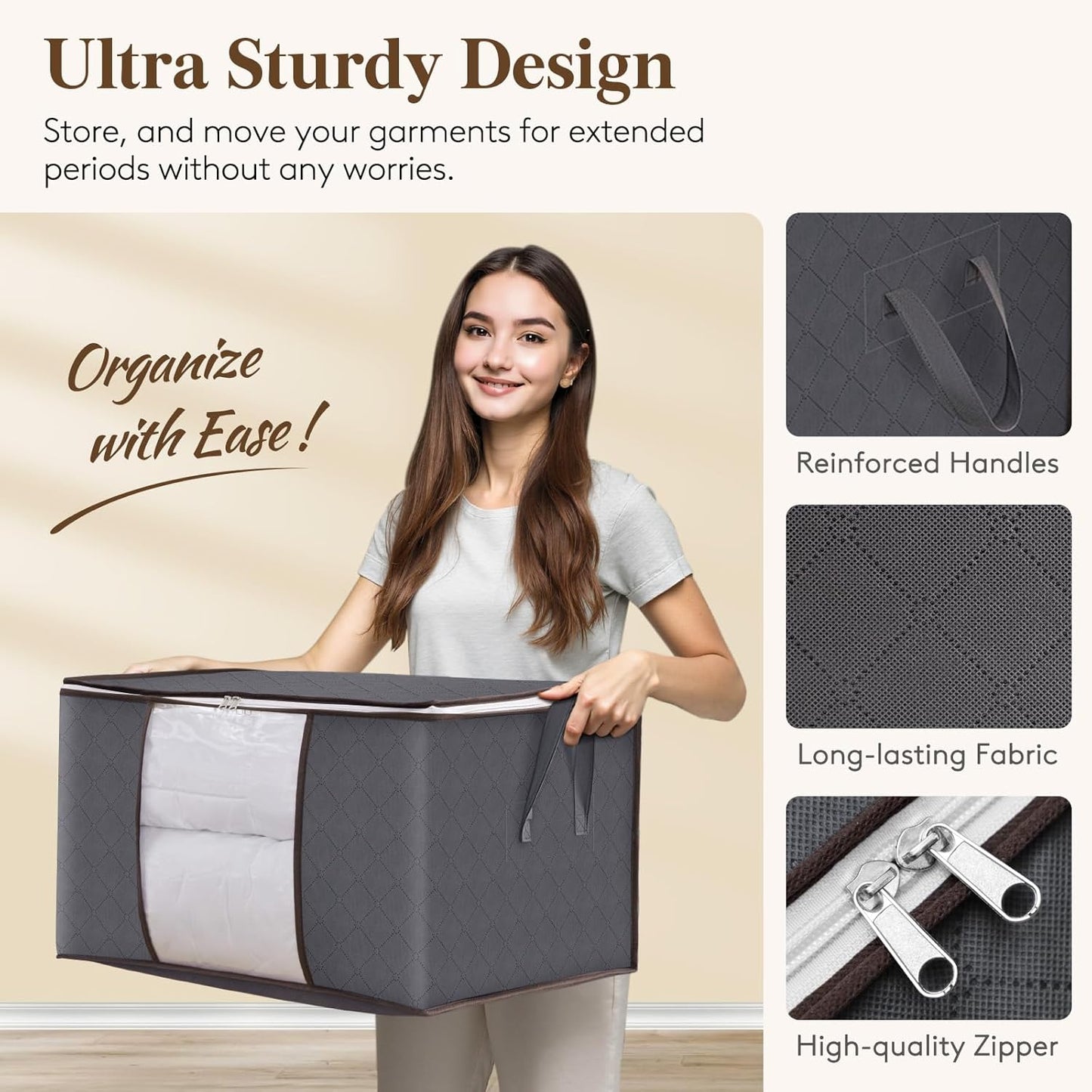 Lifewit 8 Pack Foldable Clothes Storage Bins with Lids, Gray, Non-woven Fabric, Rectangular, Sturdy Zipper, Reinforced Handle, 21.6" x 13.7" x 12.4", 60L Capacity Each, Ideal for Clothes and Bedding