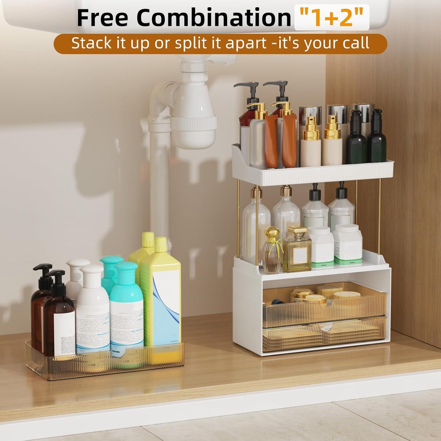 3 Drawers Makeup Organizer - 5 Tier Bathroom Counter Organizers and Storage, Versatile Perfume Vanity Organizer, Ideal for Cosmetic, Large Skincare, Face Mask, Office Supplies, Amber