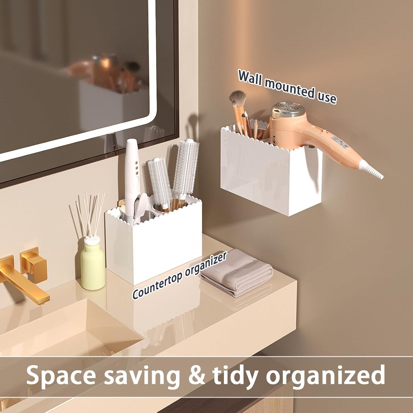 Hair Tool Organizer, Wall Mount Hair Dryer Holder with 2 Cups,Scalloped Design Acrylic Hair Styling Tools Organizer for Curling Iron Straightener Bathroom Storage (2 Cups Scalloped)
