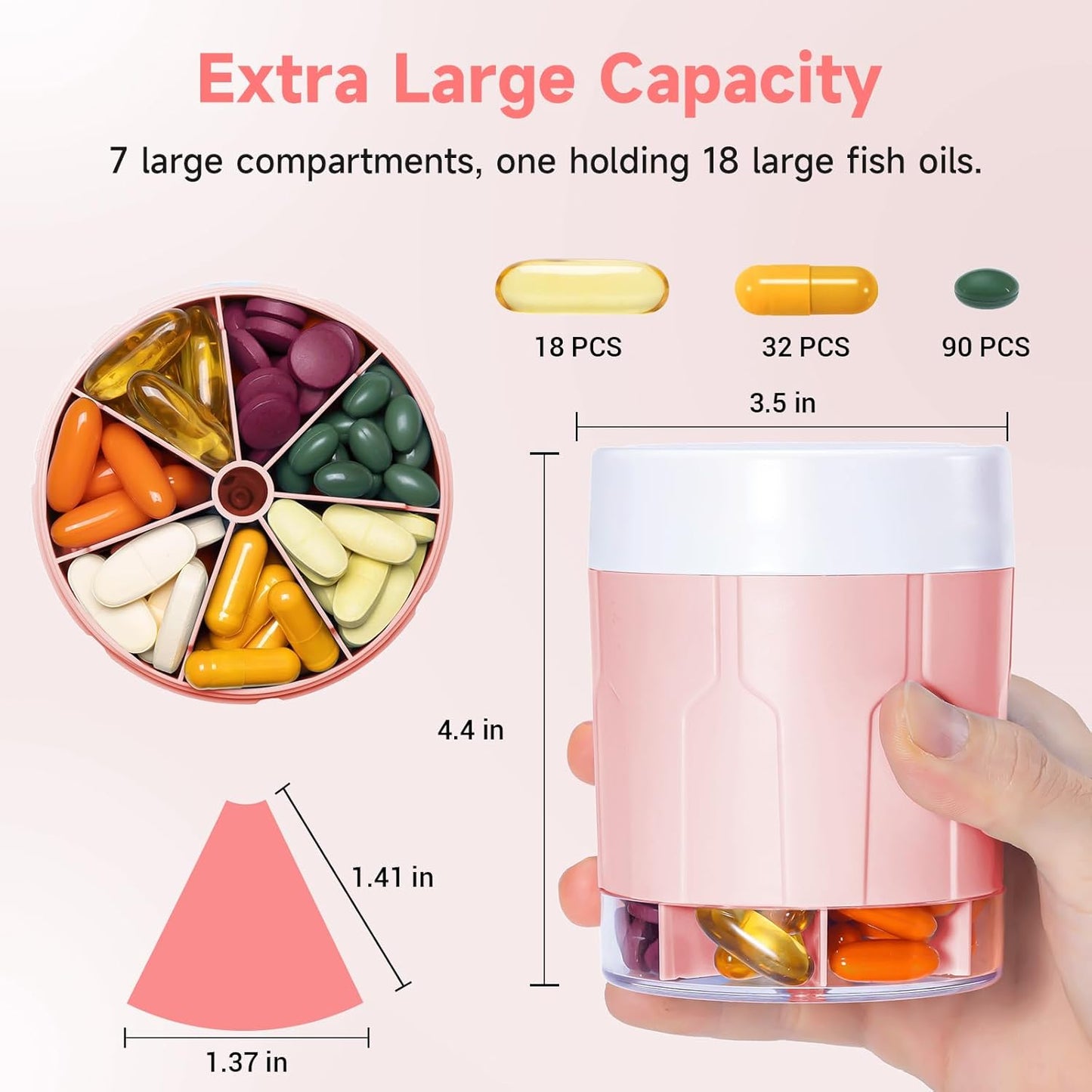 Daviky Pill Bottle Organizer, Supplement Organizer with 7 Large Compartments, Travel Pill Dispenser Round Pill Box with Two Lids（Pink+White）
