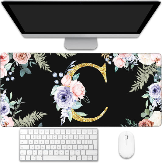 Desk Mat, Flower Golden Letters C Extended Gaming Mouse Pad Large, 35.4"x15.7" Big Mouse Pad with Non-Slip Base and Stitched Edge, Long Computer Keyboard Mouse Mat for Home Office Work