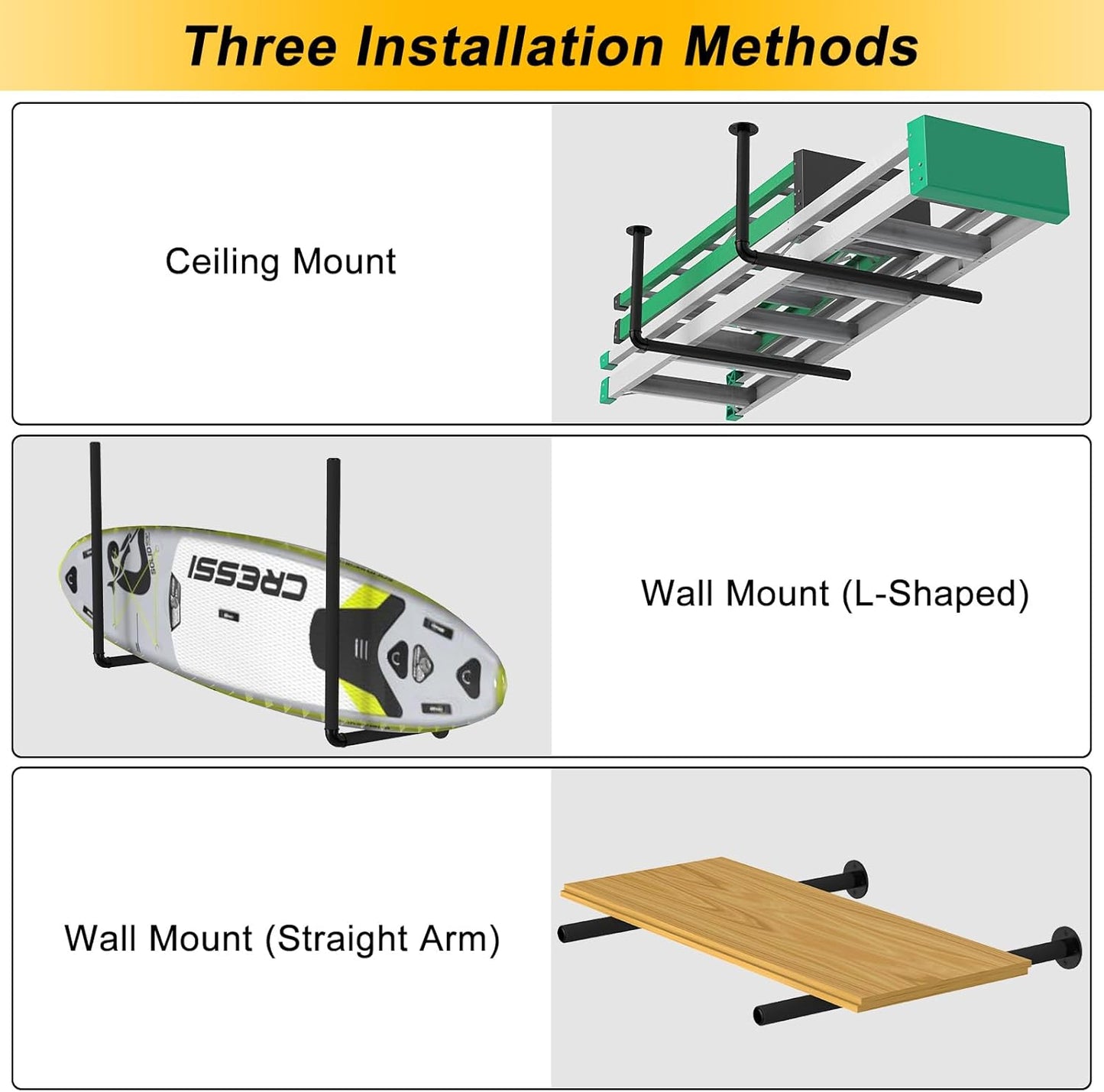 Surfboard Wall Mount or Ceiling Rack, Heavy-Duty Overhead Garage Storage Rack with Sponge Pads, Garage Ceiling Storage Racks for Ladder, Surfboard, Snowboard, Paddle Boards, Holds 100 lbs, Black