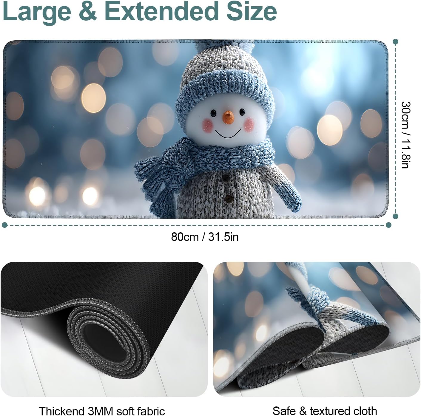 Christmas Snowman Gaming Mouse Pad 31.5"x11.8"Desk Mat Anti-Slip Rubber Base & Durable Stitched Edges for Gamers Smooth Mouse Writing Surface for Desk Office/Home