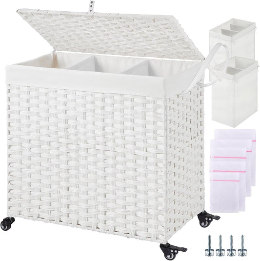 Greenstell Laundry Hamper with Wheels&Lid,130L Large 3 Sections Clothes Hamper with 2 Types Removable Liner Bags, 5 Mesh Laundry Bags, Handwoven Divided Laundry Basket White