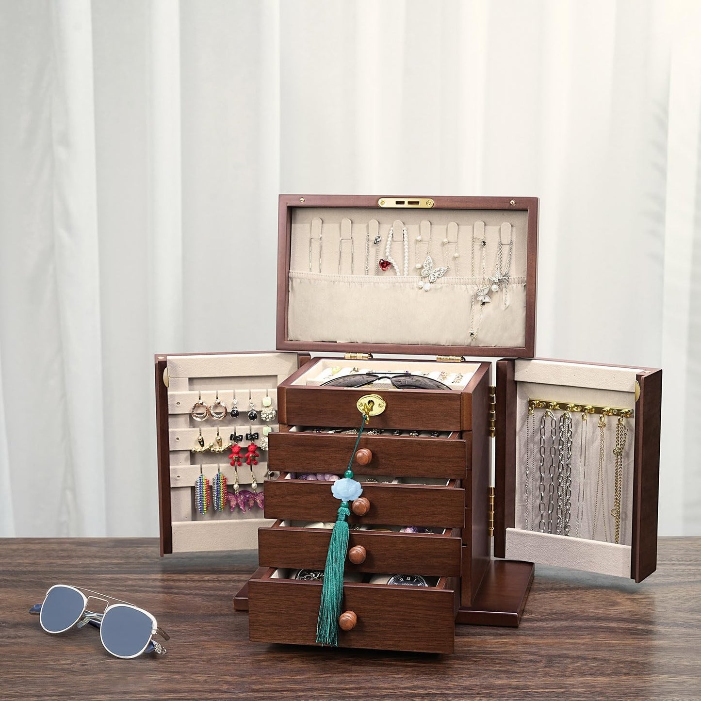 wooden Jewelry Box and Organizer - 8-Layer Lockable Wooden Jewelry Boxes for Women - Large Jewelry Boxes and Organizer with Key,Gift for Wife,dresser top jewelry box with lock