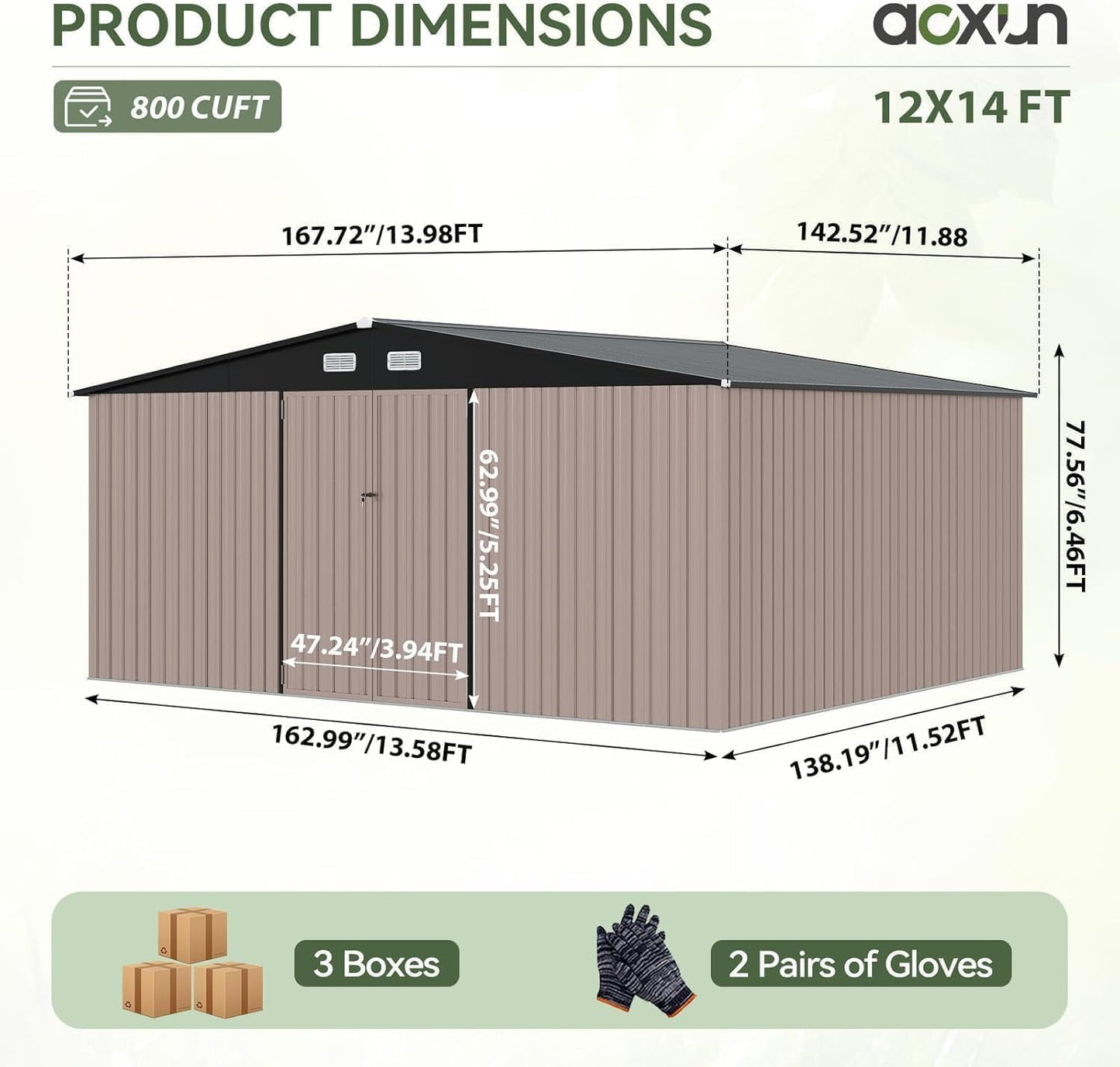 Aoxun 14x12 FT Large Shed Outdoor Storage Shed with 2 Large and Tall Doors, Utility Tool Shed Storage House with Lock, Metal Sheds with Sloped Roof for Patio Garden Lawn, Brown