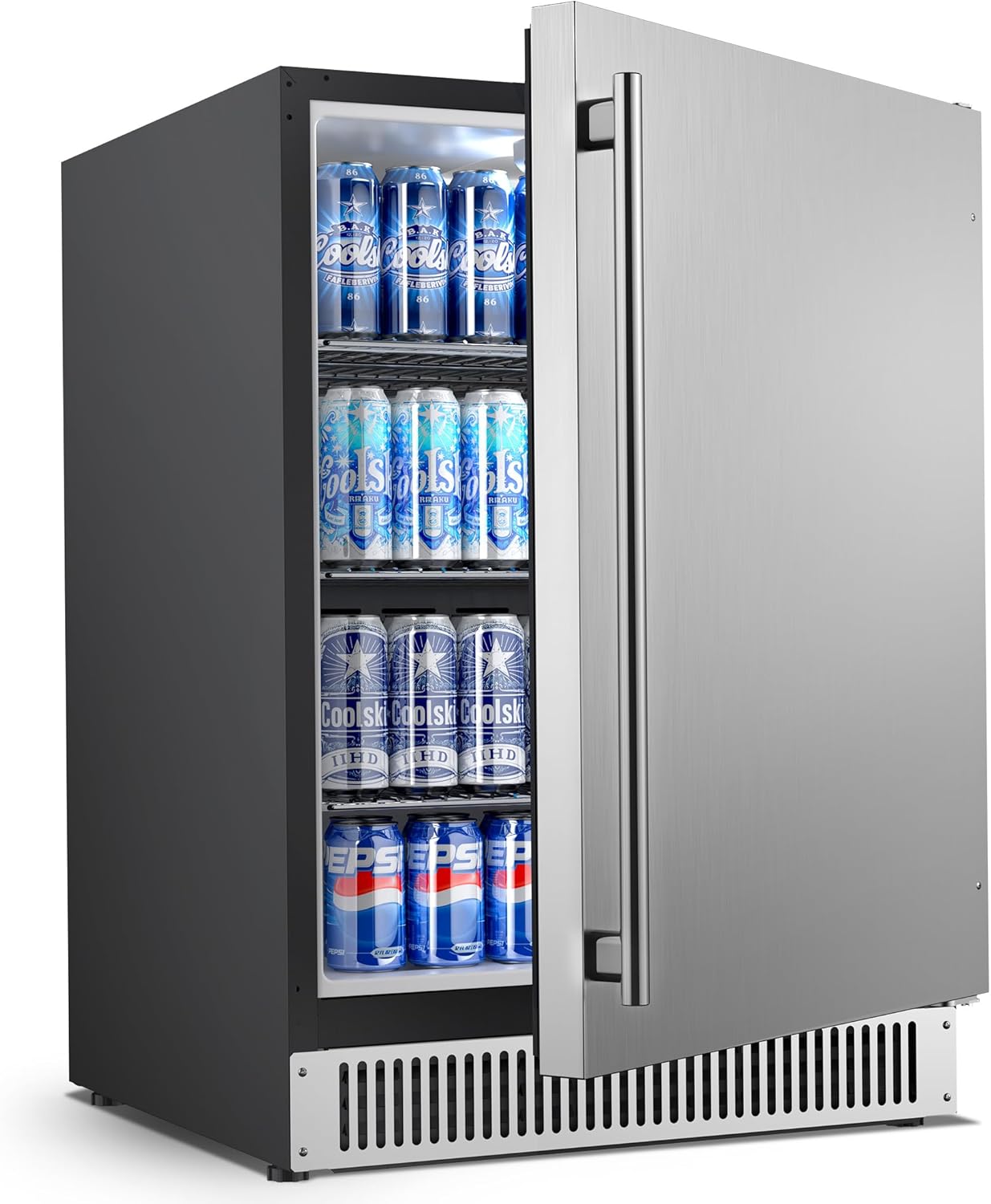 Coolski 24 inch Beverage Refrigerator, 180 Cans Under Counter Fridge with Stainless Steel, Built-in and Freestanding Outdoor Refrigerator for Patio Home Kitchen, ETL, DOE, NSF Approved
