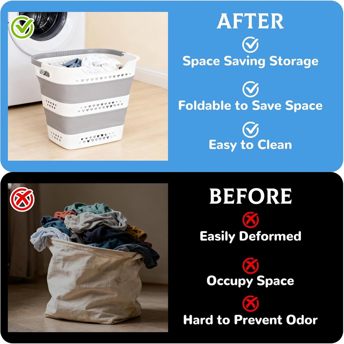 2 Pcs Collapsible Laundry Baskets for Dirty Clothes, 43L Plastic Laundry Hamper for Dorm Bedroom, Space Saving Pop-Up Laundry Hamper Container, Durable Foldable Laundry Basket with Handles (Grey)