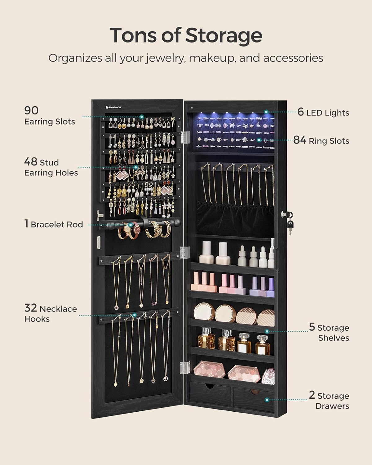SONGMICS Hanging Jewelry Cabinet, Wall-Mounted Cabinet with LED Interior Lights, Door-Mounted Jewelry Organizer, Full-Length Mirror, Christmas Gift Idea, Ink Black UJJC099B01