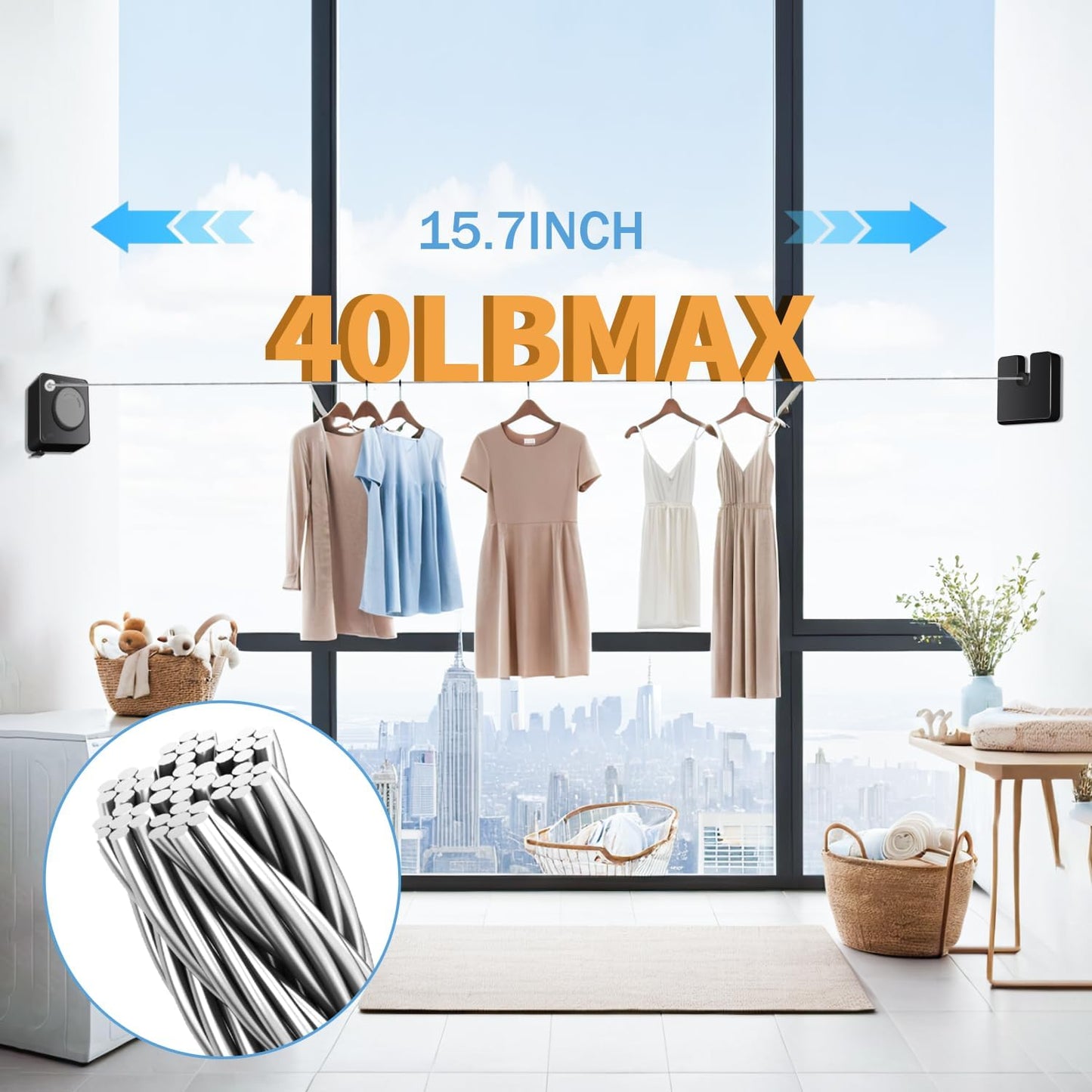Retractable Clothesline Indoor, Non-Sagging Outdoor Clothes Line Retracting 15.7 Feet Heavy Duty Laundry Line Retractable Wall Mounted Clothes Line Outdoors (Square-Black)