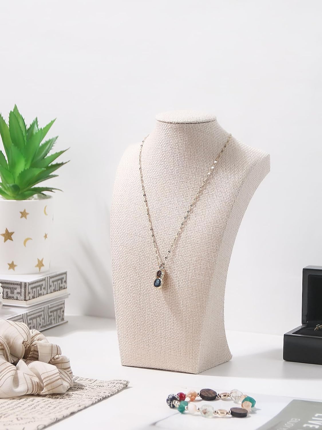 Necklace Bust Stand for Selling, Linen Necklace Display Holder, Jewelry Necklace Organizer Rack for Home Use or Store Show (9" Height)