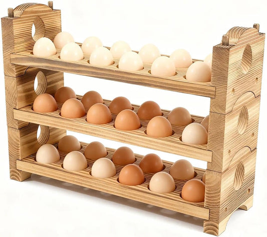 Egg Holder Countertop Farmhouse Decor - Wooden Fresh Eggs Storage for Counter - Pine Wood Egg Organizer Tray Racks