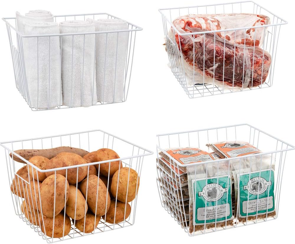 Freezer Wire Baskets, Kitchen Storage Organizer Bins for Chest and Upright Freezer, Refrigerator Dividers Containers with Handles - Pearl White (3)