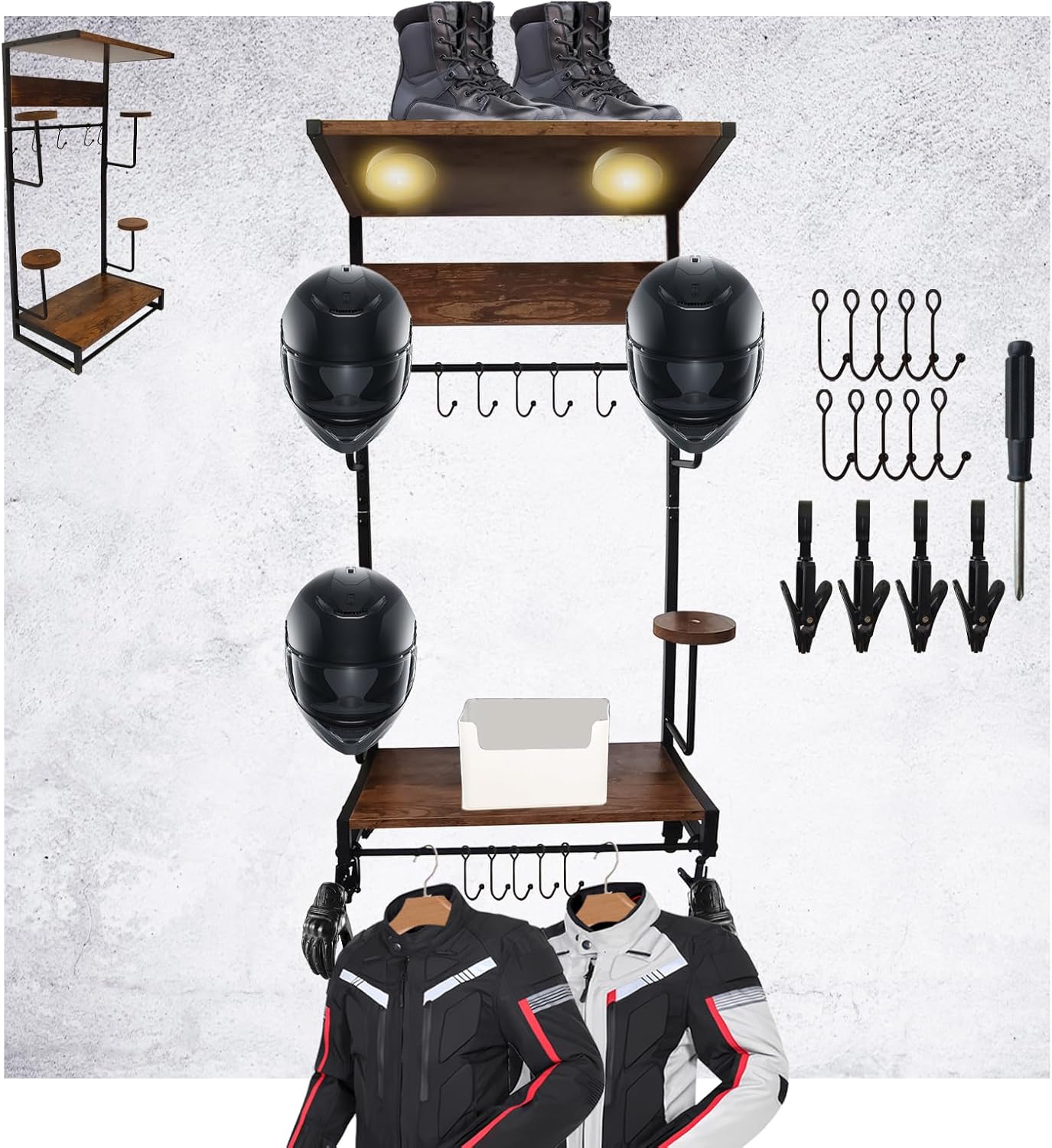 Motorcycle Helmet Holder Wall Mounted Motorcycle Gear Helmet Hook Rack Storage Helmet Hanger Display Stand Football Helmet Wall Mount with 2 Layer Wooden Boards and 4 Hat 14 Accesorios(Upgraded)