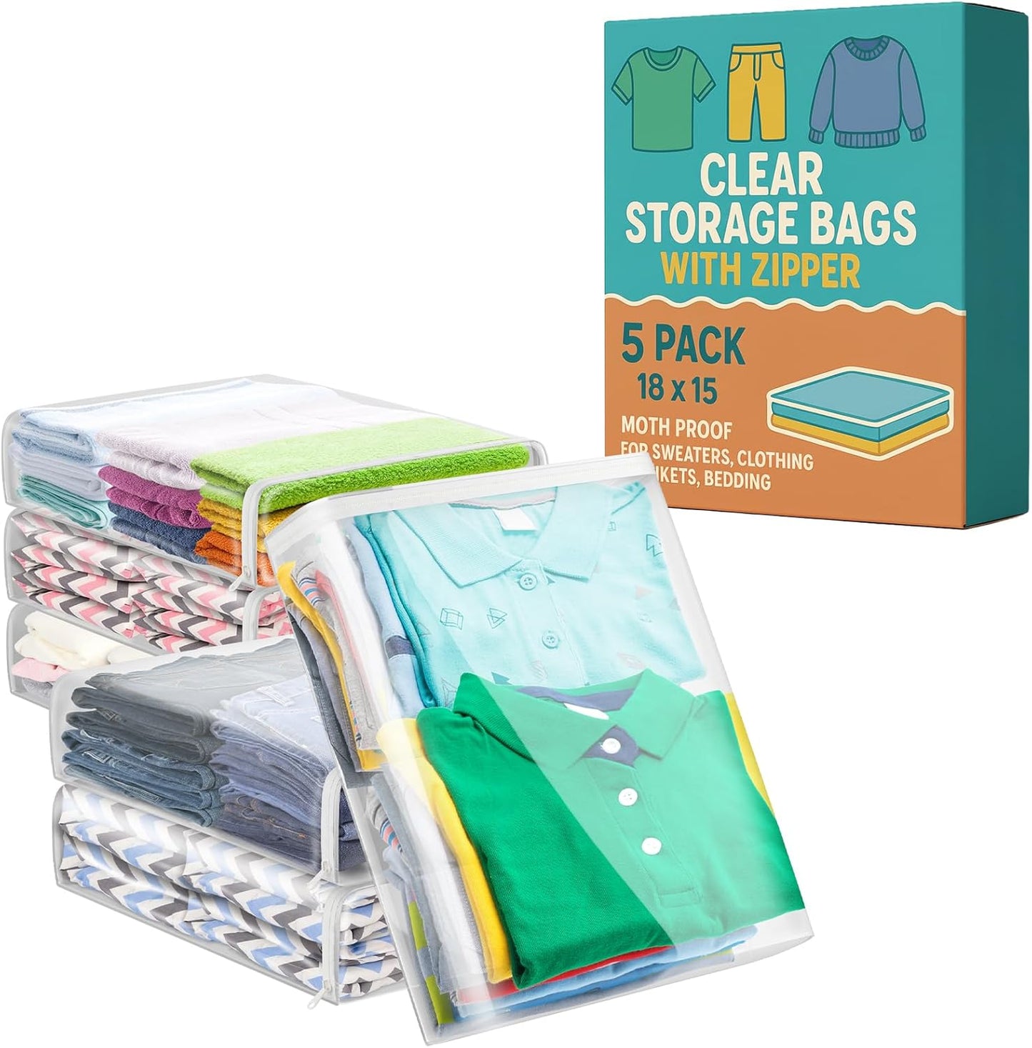 Houseables Sweater Bags Moth Proof, Clothing Storage Bags, with Zipper, Sweater Storage, Clear Zippered Organizers, Clothes, Blanket, Linen, Bedding, Quilt, Vinyl Plastic Protectors, 18x15x4”, 5 Pack.