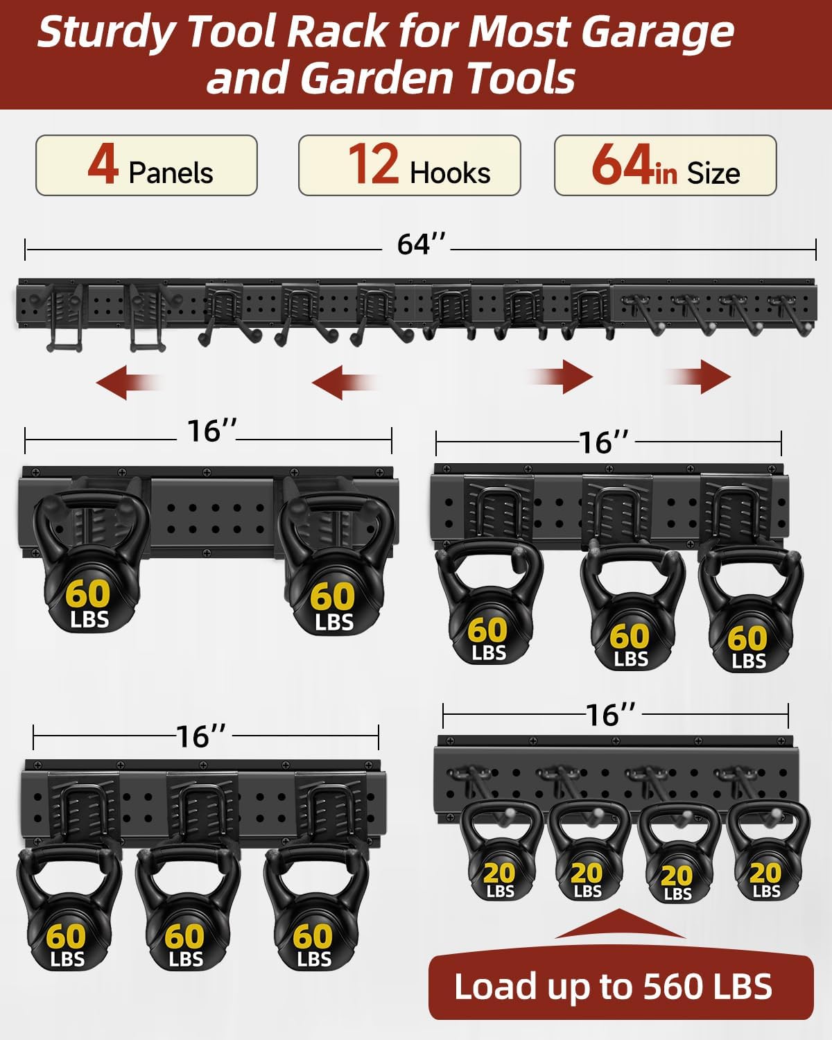 64-Inch Garage Storage Tool Organizer Wall Mount, Heavy Duty Garage Organization Metal Rack with 12 Hooks, Garden Tool Hanger Holder for Broom, Shovels, Ladders, Lawn Tools
