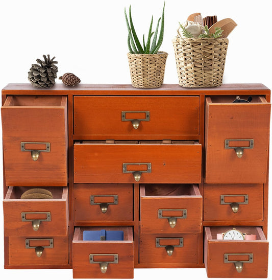 12-Drawer Wooden Storage Cabinet Organizer, Apothecary Cabinet Vintage Library Card Catalog Cabinets for Countertop Apothecary Tea Coffee Pod Storage (Brown)