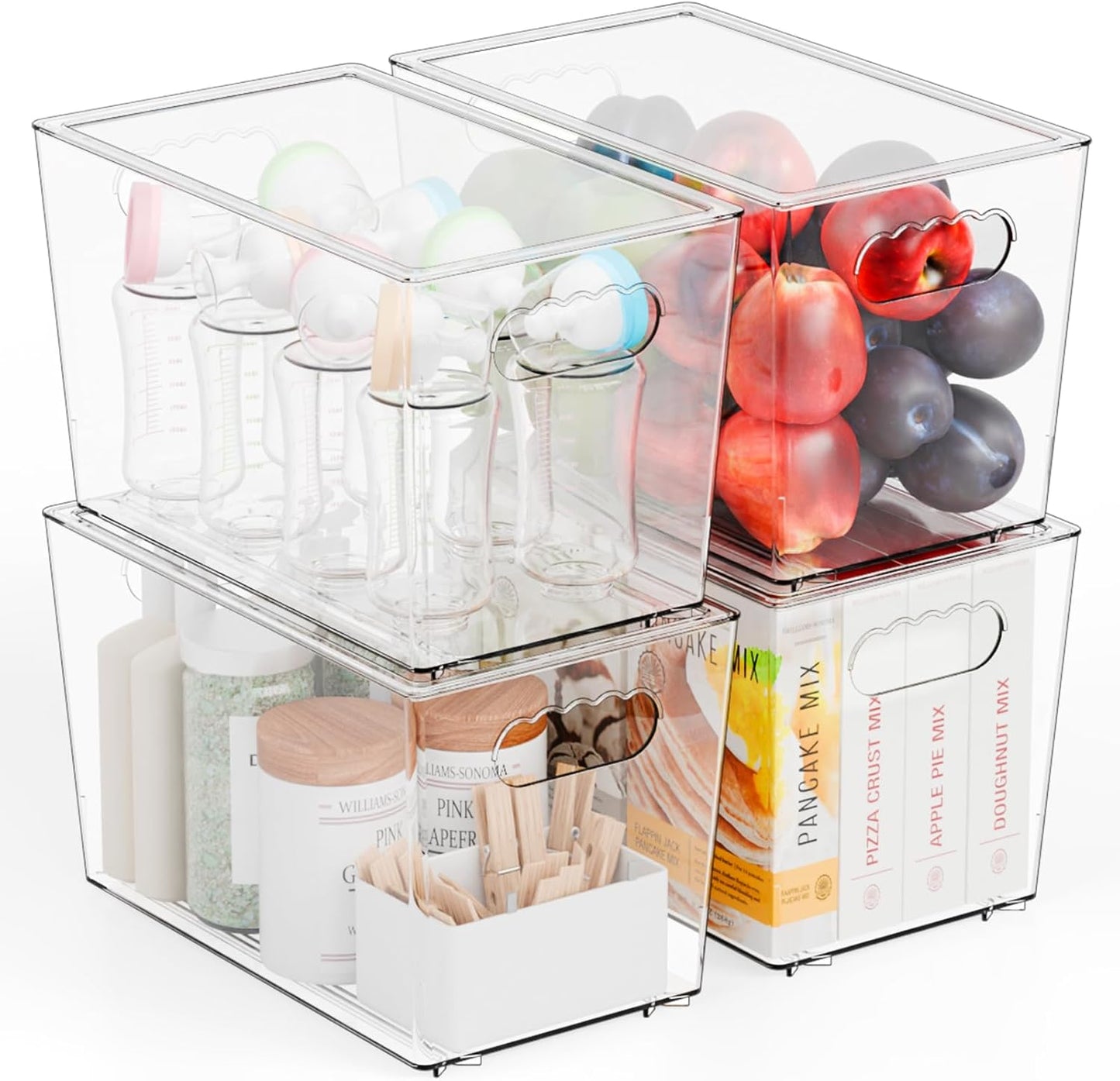Yieach 4 Pack Stackable Clear Organizer Bins With Lids & Handle,11.1″ Deep Plastic Hall Closet Storage Bins for Pantry,Refrigerator and Cabinets,Acrylic Container for Organizing Toy,Snacks Organizer