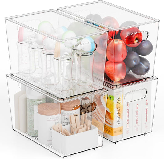 Yieach 4 Pack Stackable Clear Organizer Bins With Lids & Handle,11.1″ Deep Plastic Hall Closet Storage Bins for Pantry,Refrigerator and Cabinets,Acrylic Container for Organizing Toy,Snacks Organizer