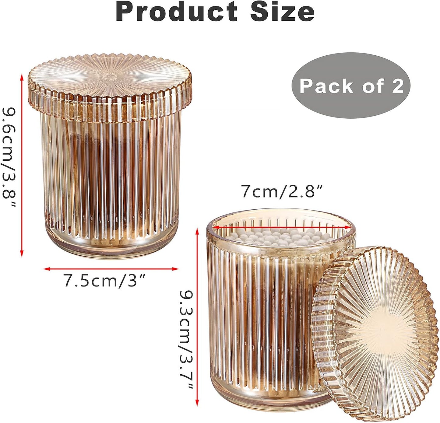2 Pack Glass Qtip Holder with Lid, Qtip Dispenser Bathroom Storage Jars- Glass Apothecary Jars for Cotton Ball, Swab, Pads, Floss Picks, Bathroom Accessories Organization and Vanity Organizer (Amber)