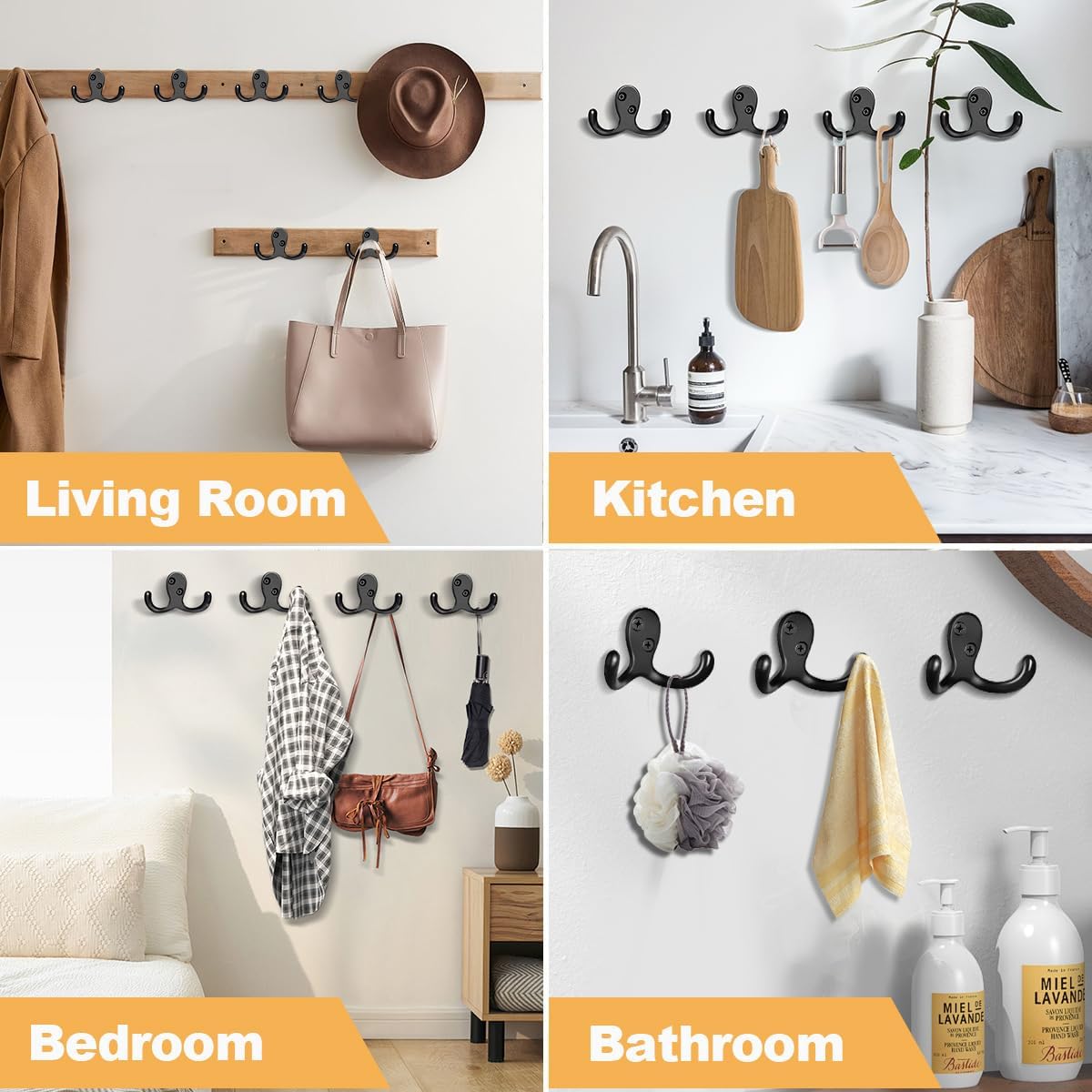 10 Pack Coat Hooks Wall Hooks for Hanging, Heavy Duty Double Prong Metal Hook Wall Mounted for Living Room, Bathroom, Kitchen, Bedroom for Coat, Bag, Scarf, Towel, Hat, Key, Cup (Black)