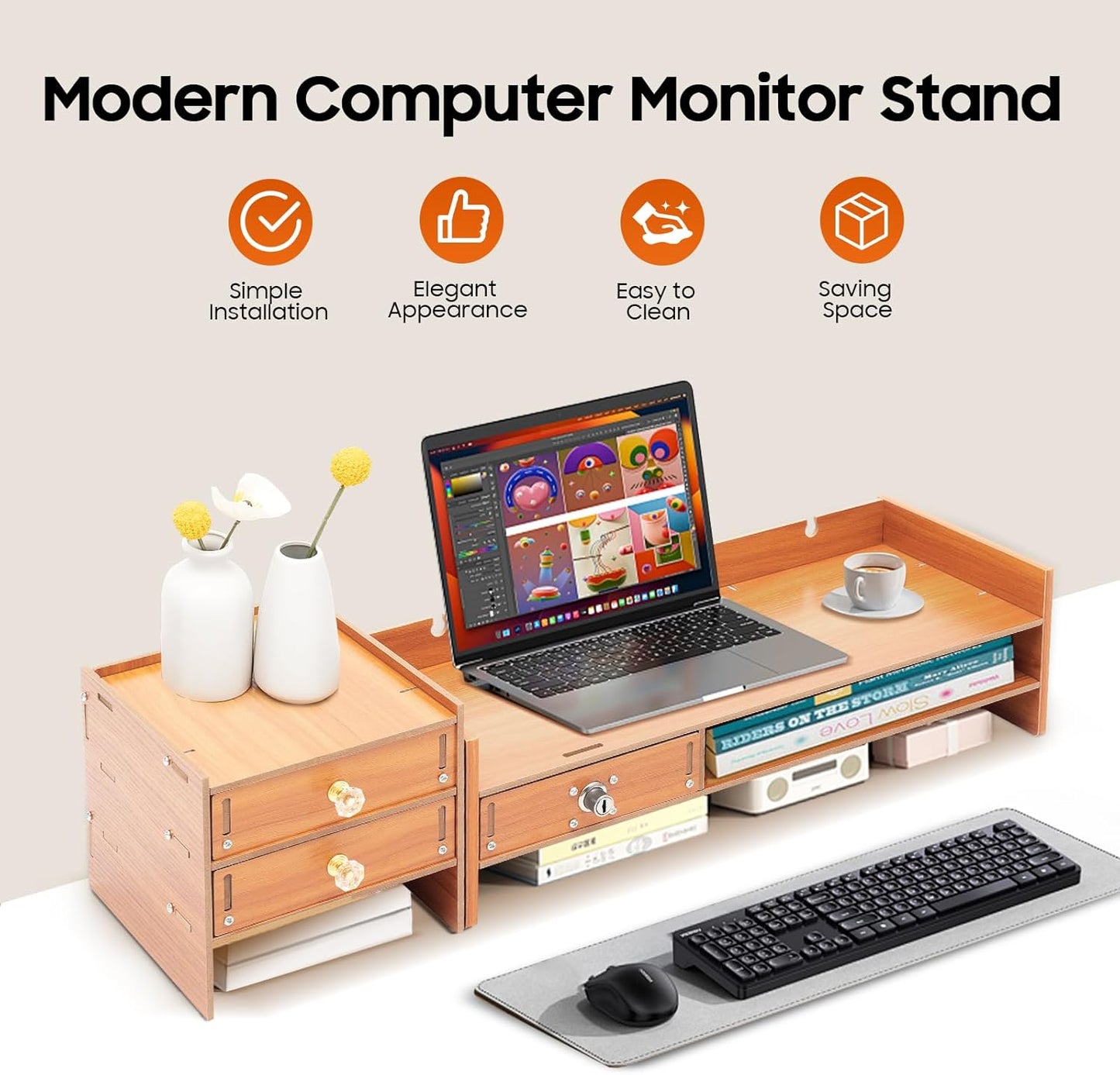 Wood Monitor Stand With Drawers,Desk Organizer With Lockable Drawer & Phone Holder, Computer Monitor Riser Stand With Storage Shelf,Multi-Purpose Desktop Storage Stand For Computer, Laptop, Printer
