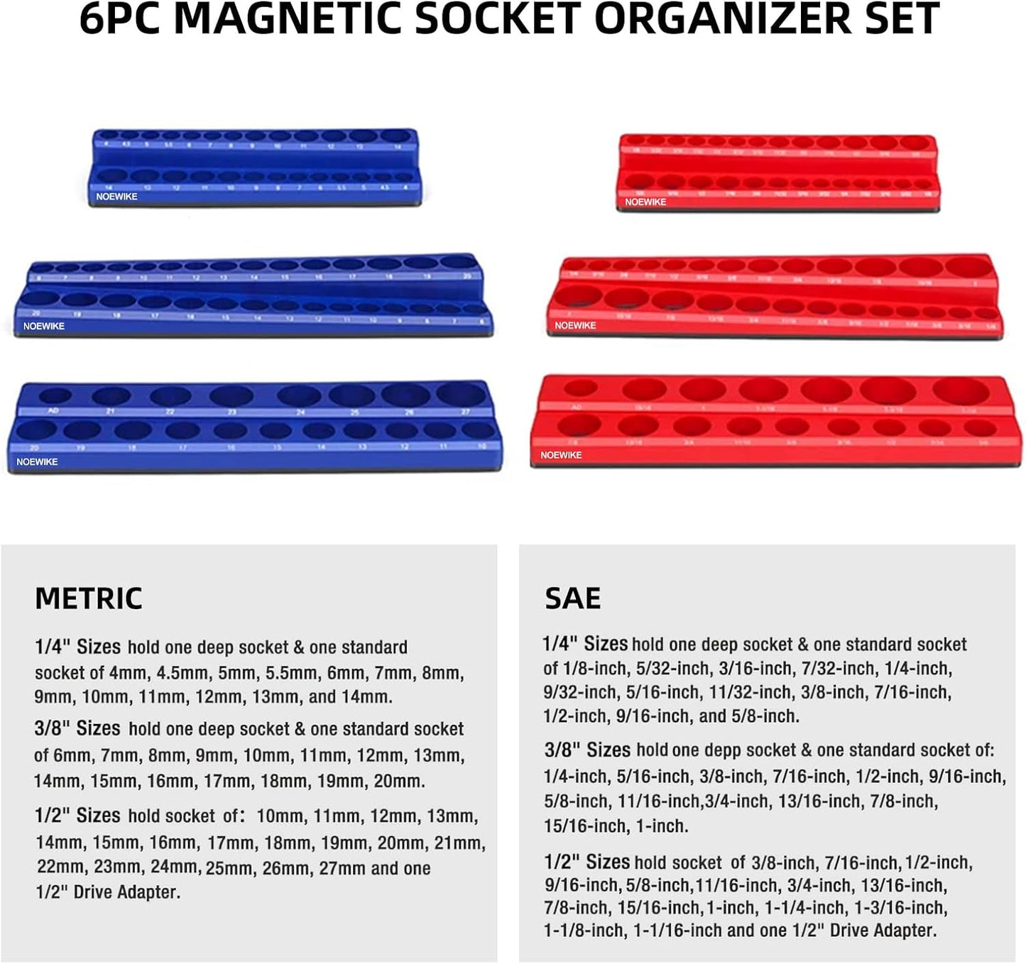 Magnetic Socket Organizer,6-Pack SAE & Metric 1/2,3/8,1/4 Inch Drive Sockets Holder,Holds 141 Standard/Deep Sockets,Blue and Red Magnetic Socket Tray(Sockets Not Included)