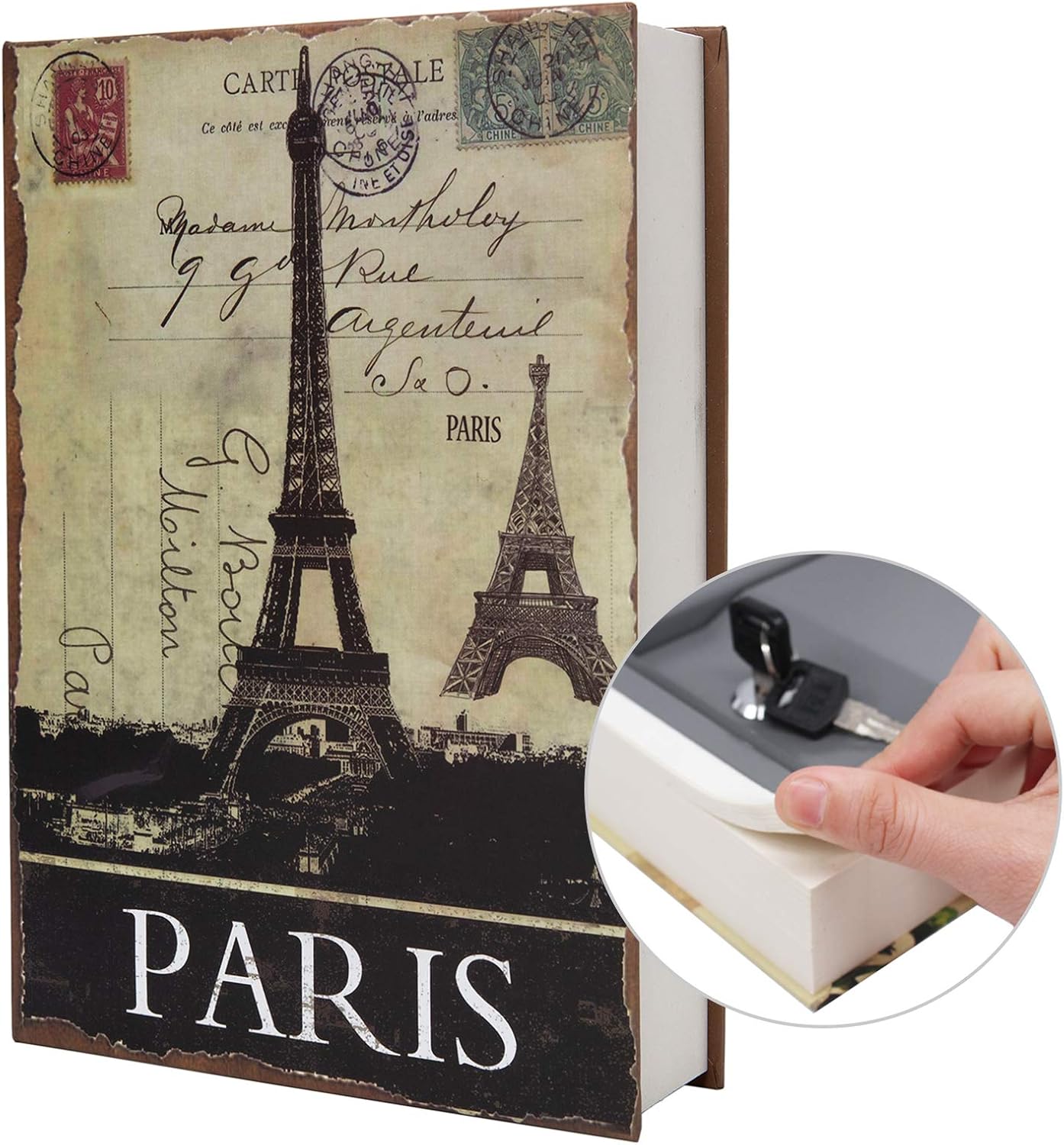 Real Paper Transfer Book Safe, Hollow with Secret Hidden Compartment, Key Lock, 8.7"×6"×2" (Paris-Key)