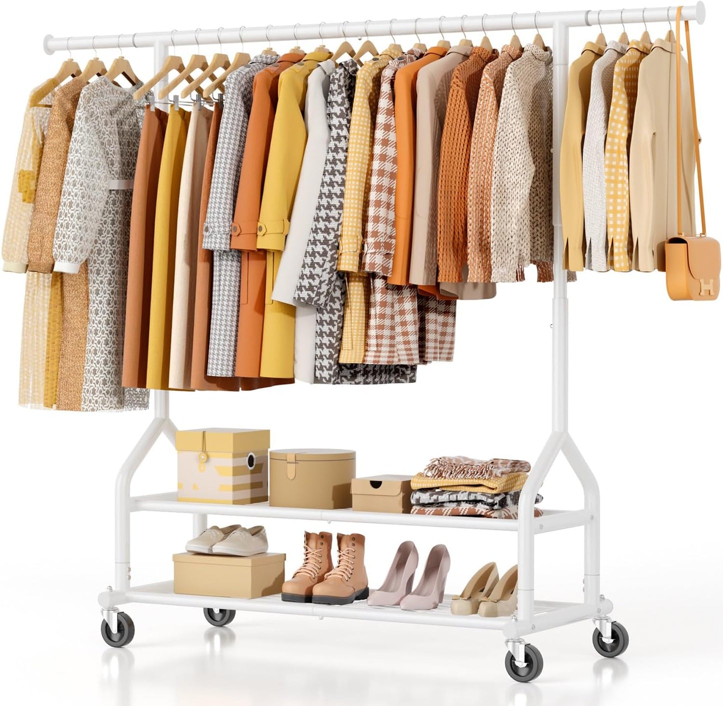 EAGMAK Heavy Duty Clothes Rack Load 556 LBS, Rolling Clothing Rack With Shelves, Height Adjustable Metal Clothes Hanger with Wheels Portable Wardrobe Organizer Garment Rod for Hanging Clothes (White)