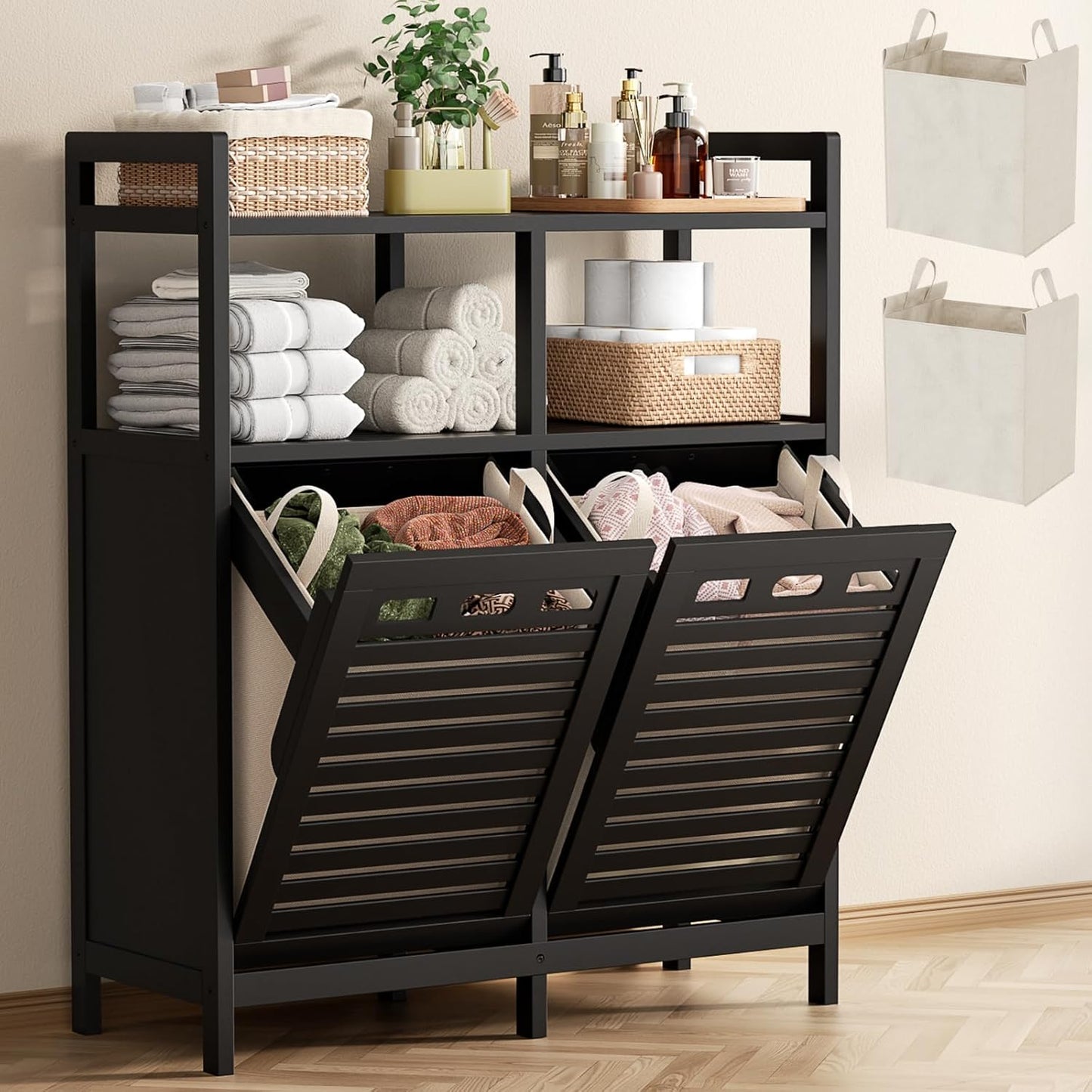 Homykic Tilt Out Laundry Hamper Cabinet, Bamboo Double Laundry Hamper with 2 Removable Laundry Baskets, 20 Gal Laundry Sorter Organizer with Shelf for Dirty Clothes, Bathroom, Laundry Room, Black