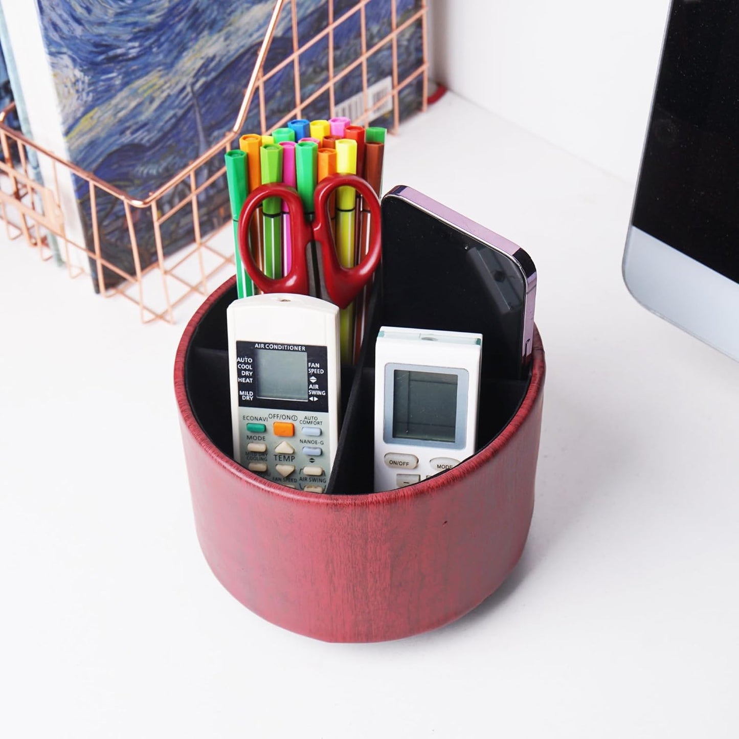 Round Leather Art Supply Organizer,Remote Control Holder,360 Degree Spinning,Multi-Functional Pencil Holder,4 Compartments Desktop Stationary Organizer(1-Thin Wood Red Brown)