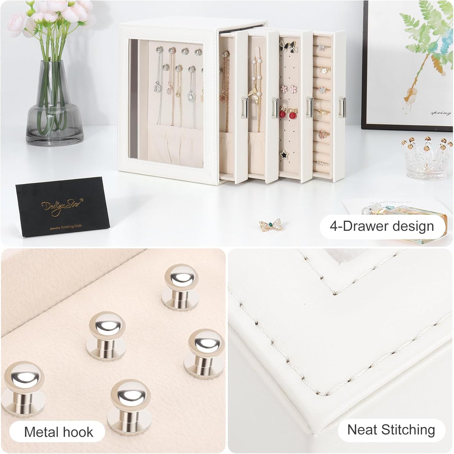 DesignSter Jewelry Box Organizer, Jewelry Box for Women, PU Jewelry Organizer Display Case with Side Drawers, Jewelry Storage for Earring Necklace Ring Bracelet Watch