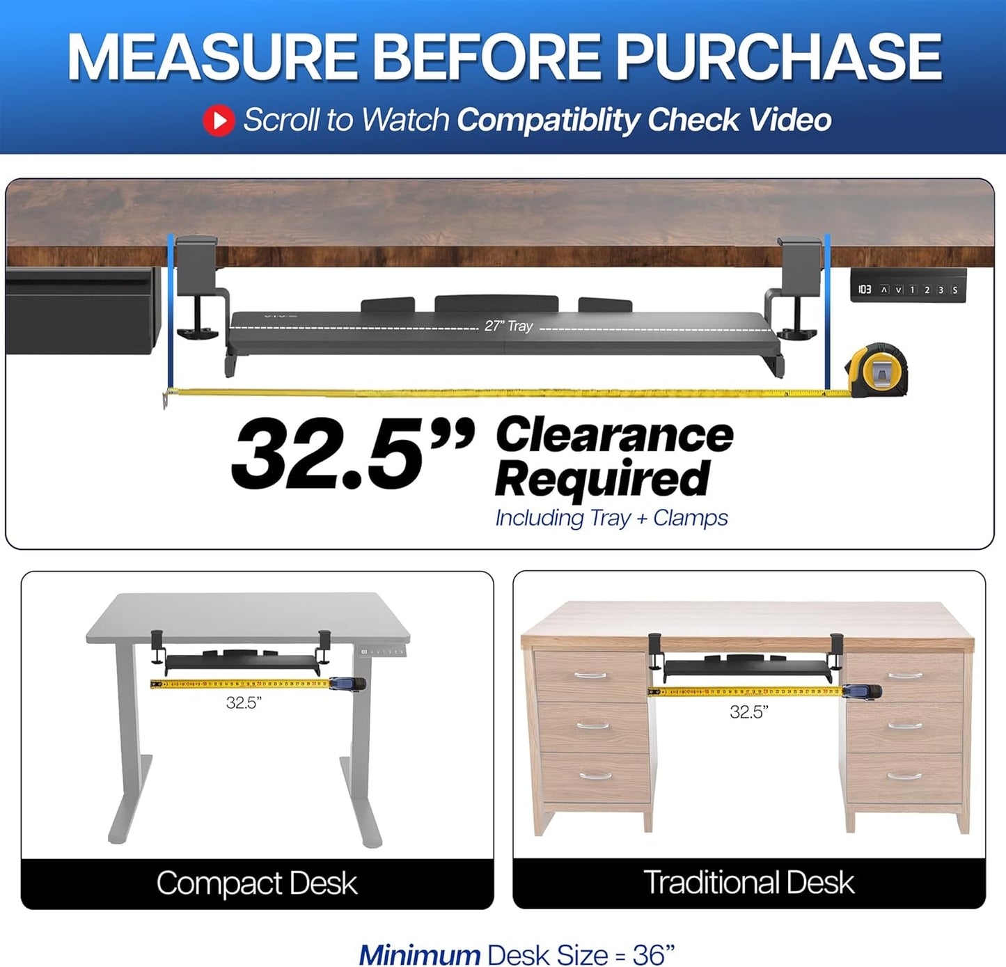 VIVO Large Keyboard Tray Under Desk Pull Out with Extra Sturdy C Clamp Mount System, 27 (33 Including Clamps) x 11 Inch Slide-Out Platform Computer Drawer for Typing, Black, MOUNT-KB05E