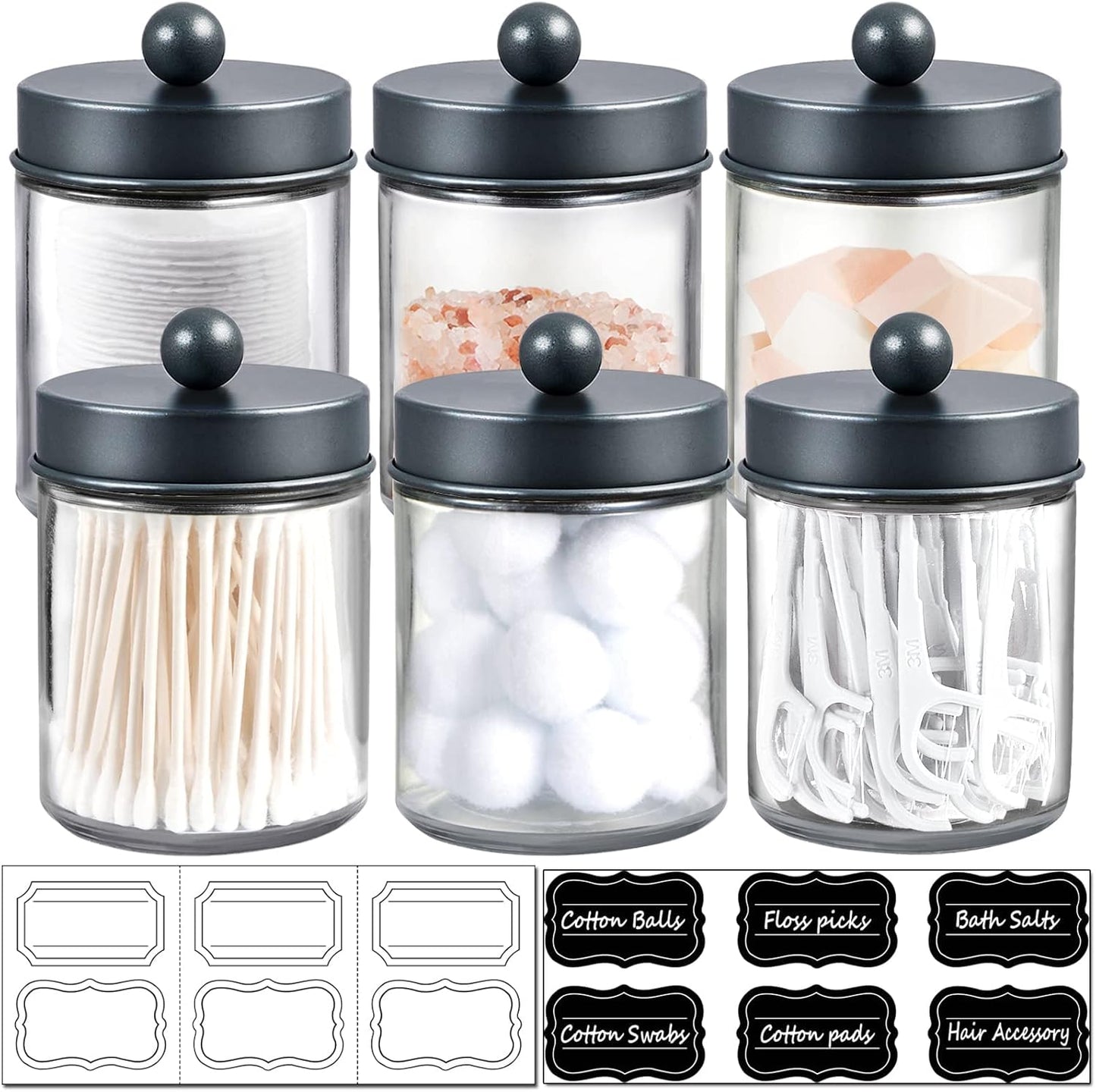 Amolliar 6Pc Apothecary Jars Bathroom Vanity Organizer- Rustic Farmhouse Decor Storage Canister with Stainless Steel Lids- Qtip Dispenser Holder for Q-Tips,Cotton Swabs,Rounds,Ball,Flossers (Grey)