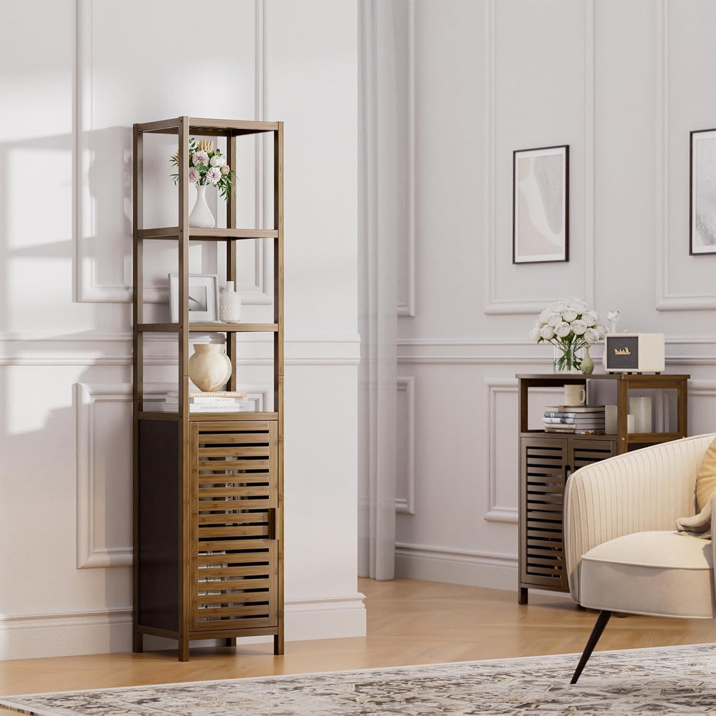 HITNET Bathroom Cabinet, Bamboo Floor Cabinet Freestanding Narrow Storage Unit with Removable Shelves, 6 Tier Tall Cabinet, Walnut