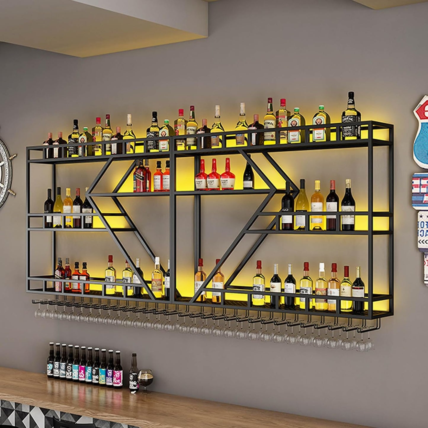 63in Wall Mounted Wine Rack, Large Metal Wine Bottle Holder,3 Tier Modern Fashion Diamond Shaped Floating Bar Unit Wine Storage Shelves, for Home Restaurant Bars Decor (Black, 3 Tier - 63in)