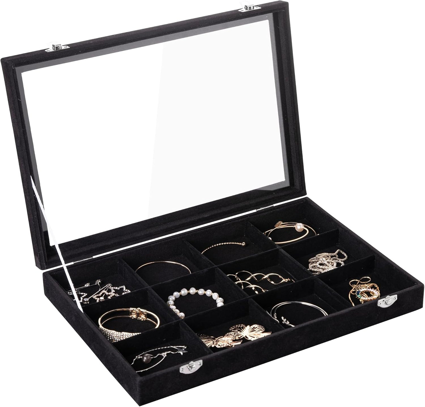 Frebeauty Velvet Jewelry Tray,12 Grid Jewelry Organizer with Clear Lid,Bracelets Holder,Jewelry Display Case with Clasp,Drawer Insert Bangle Brooch,13.8 x 9.5 x 2 Inches,Gift for Women Girls(Black)