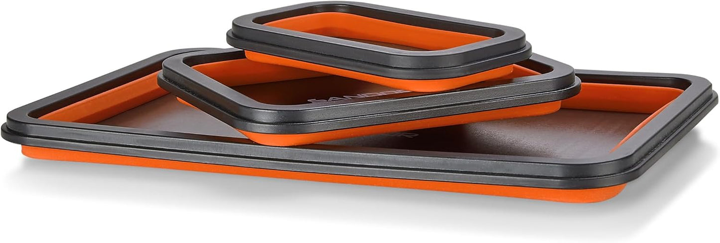 SANDOR Collapsible Magnetic Parts Tray Set - 3 Different Size Tool Trays for Screw, Bolts, Nuts, Washers, Pins and Other Small Metal Parts, Mechanic Tool Gifts for Men - Orange