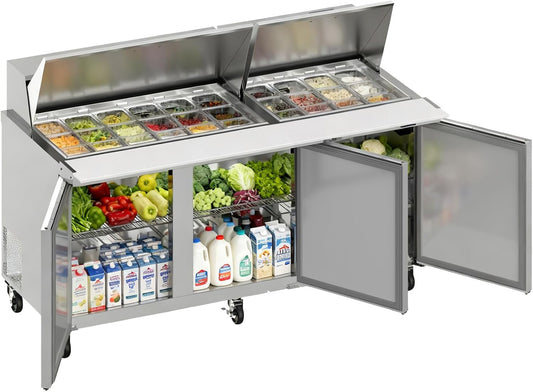 72" W Commercial Refrigerator Sandwich Salad Prep Table, Stainless Steel 3-Door Sandwich Prep Table Refrigerator, Counter Fan Cooling Refrigerator with 30 Pans for Restaurant, Bar