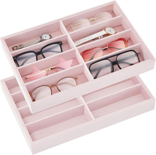 Amylove 2 Pcs Sunglass Organizer Trays Glasses Stackable Jewelry Trays Sunglass Organizer Display Box(8 Grids,Pink)