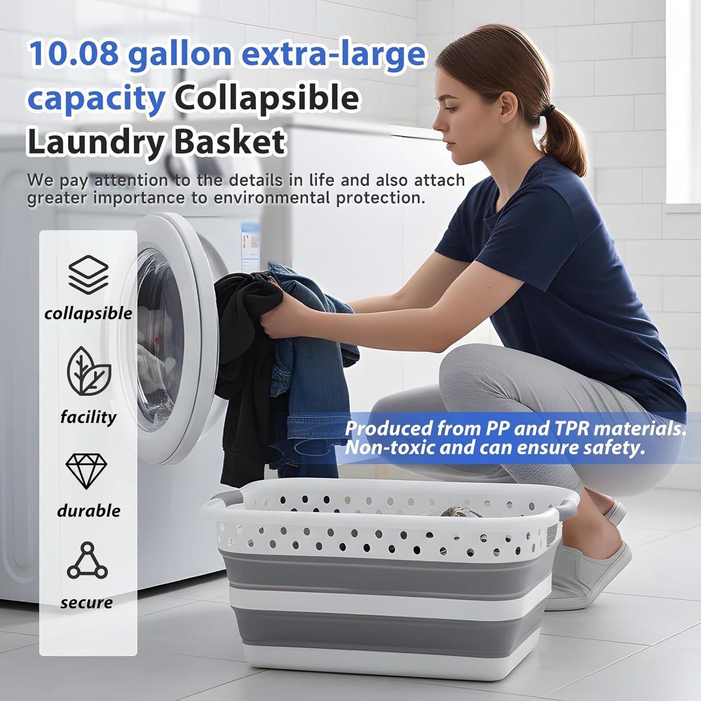 Monozuki Collapsible Plastic Laundry Basket 11.1 gallon(42L) Eco-recycled material - Foldable Pop Up Storage Container/Organizer - Space Saving Hamper/Basket BPA Free