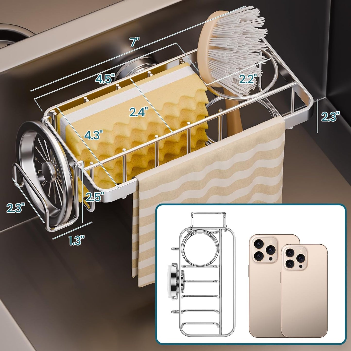TAILI Sponge Holder with Strong Suction Cup, 4-in-1 Rustproof Sink Organizer - Sink Caddy Holds Sponges, Brushes, Stoppers & Scrapers -Silver