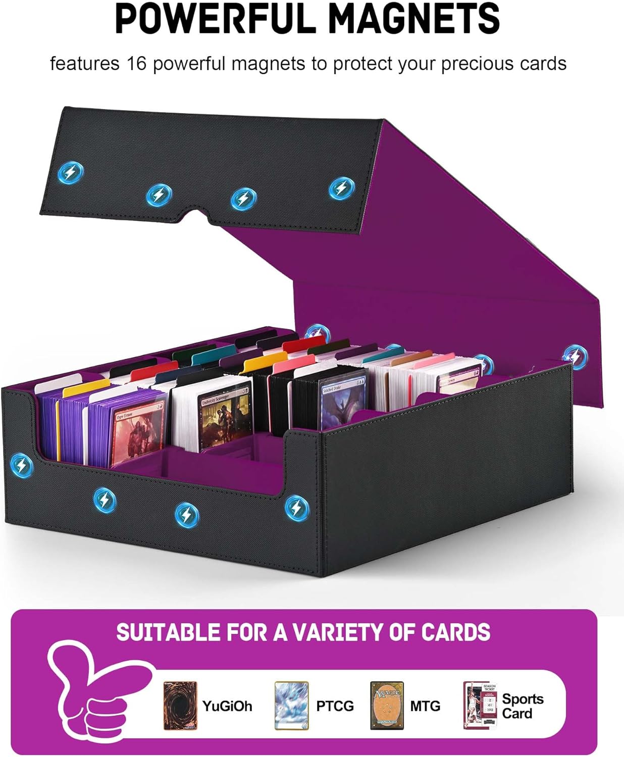 ZLCA Card Storage Box for MTG PTCG, Commander Deck Box Holds 3200+ Cards, Trading Card Storage Case with 4 Stoppers, Card Organizer for TCG Sport Cards(Black&Purple)