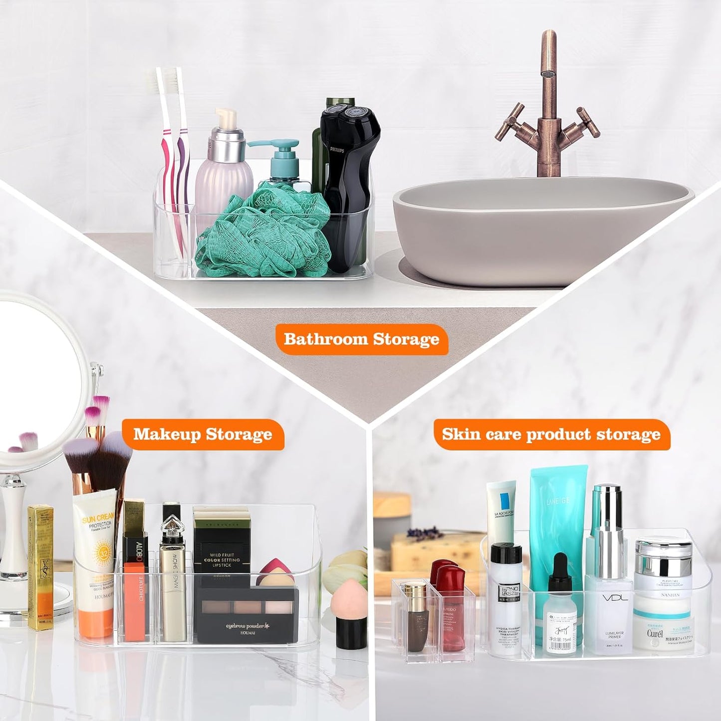 Clear Makeup Tray Holder Organizer Cosmetic Display Case, Small Makeup Organizer for Vanity Bathroom Counter Countertop Tabletop Desktop Vanity Drawers (Clear)