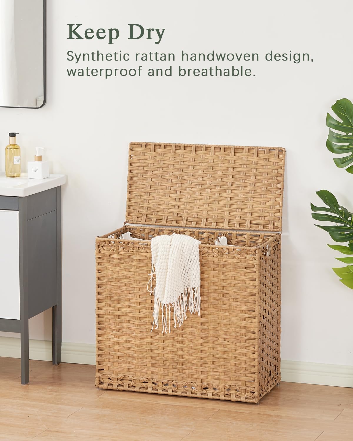 Laundry Hamper with Lid Laundry Basket 132 L (35 Gal) Wicker Clothes Hamper, Handwoven Rattan Hamper with Handles and 4 Removable Liner Bags, 6 Mesh Bags for Laundry Bedroom Natural