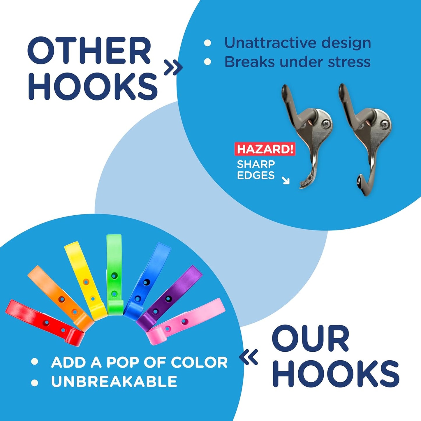Heavy Duty Hooks for Hanging Coats, Jackets, Backpacks, Baseball Hats - Wall Mounted Rainbow Color Hangers for Kids, Perfect Hook for Classrooms, Bathroom Robes and Towels | Mini Hook 7-Pack